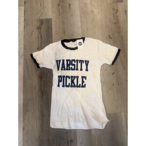 Varsity Pickle Shirt Mens Small White Blue Ringer Tee Funny Slogan Pickleball